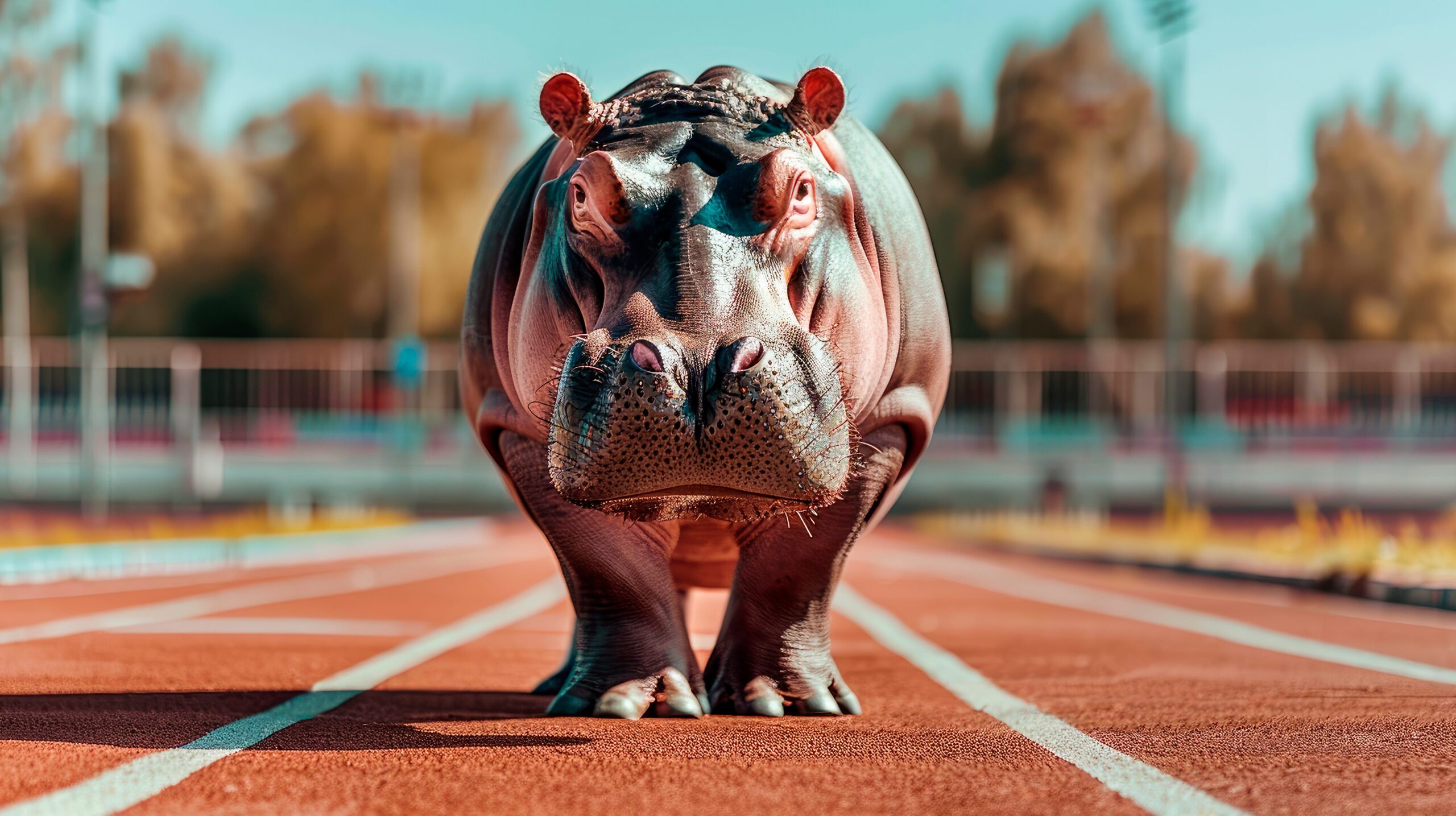 Hippo standing on running track facing camera