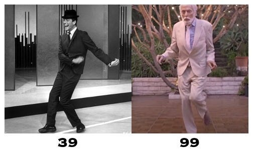 Man dancing at age 39 versus 99 comparison