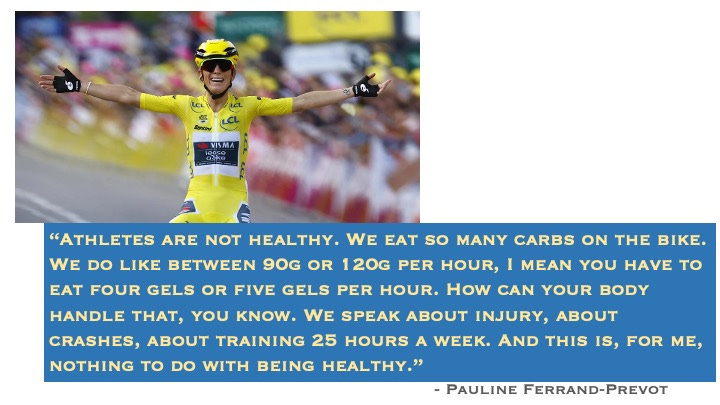 Cyclist celebrating with quote about athlete health and training