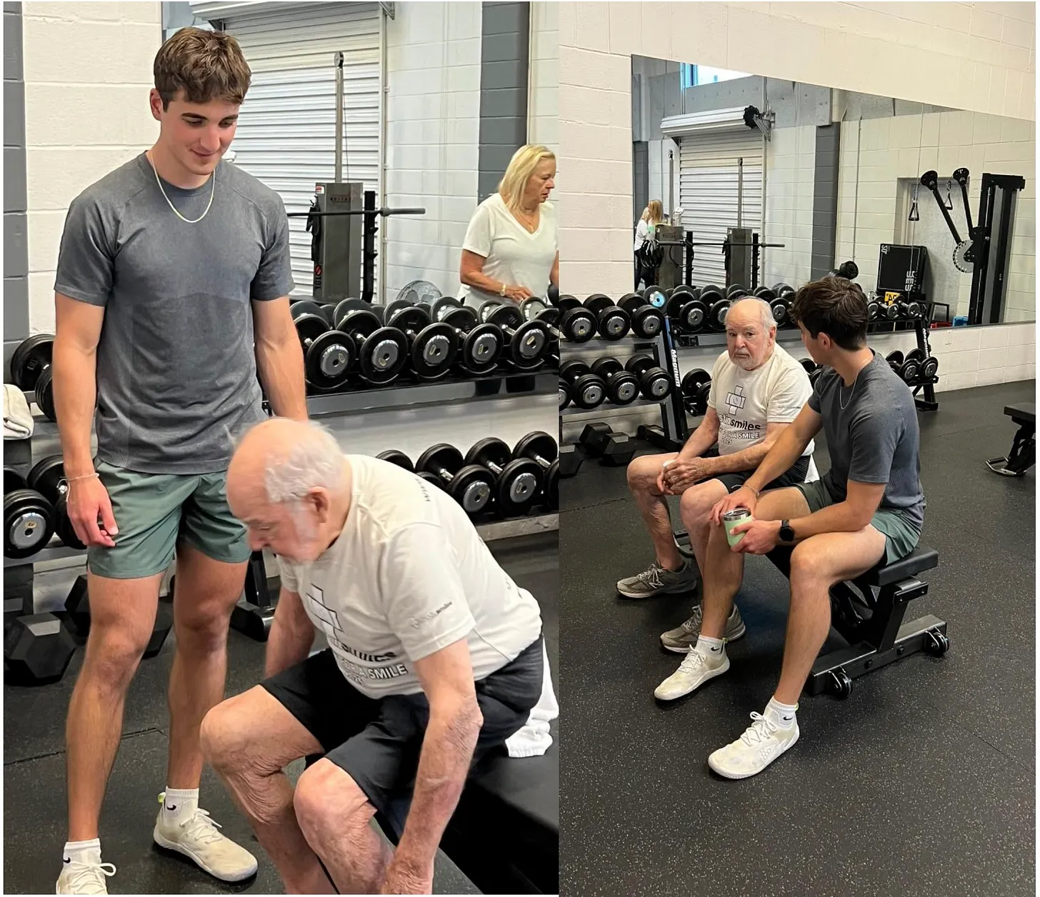 Collage showing a young man helping an older man exercise in a gym, followed by the two men sitting together beside a rack of dumbbells.
